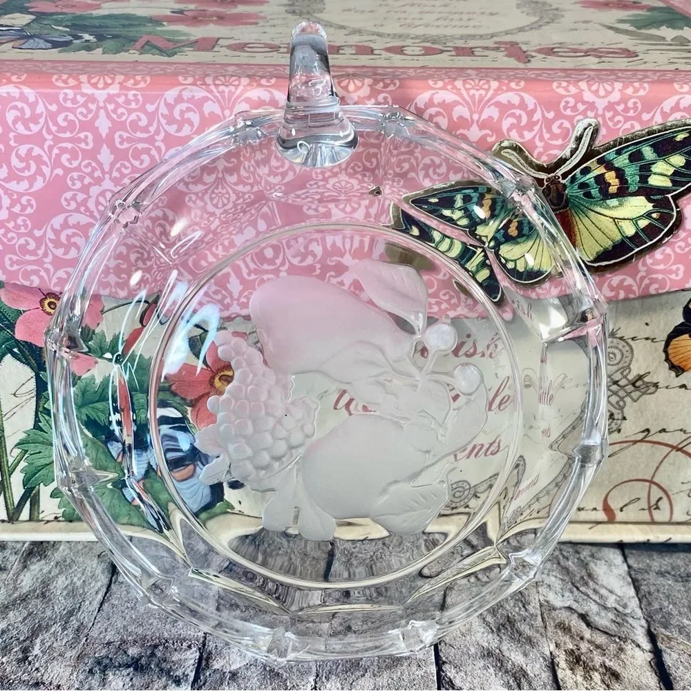 Val St Lambert Crystal Serving Dish Candy Nappy Bowl Floral Mid Century